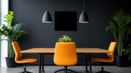 Fototapeta premium A black and white room with a large wooden table and orange chairs