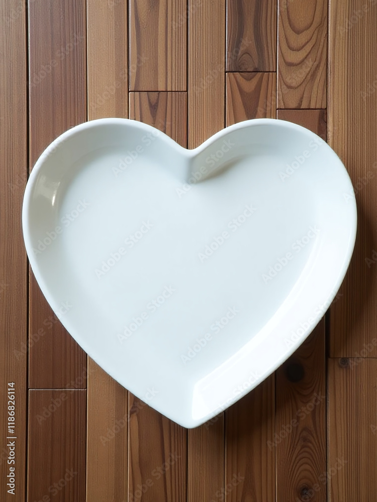 Aufkleber a white plate shaped like a heart is placed on a wooden background creating a unique table setting. 