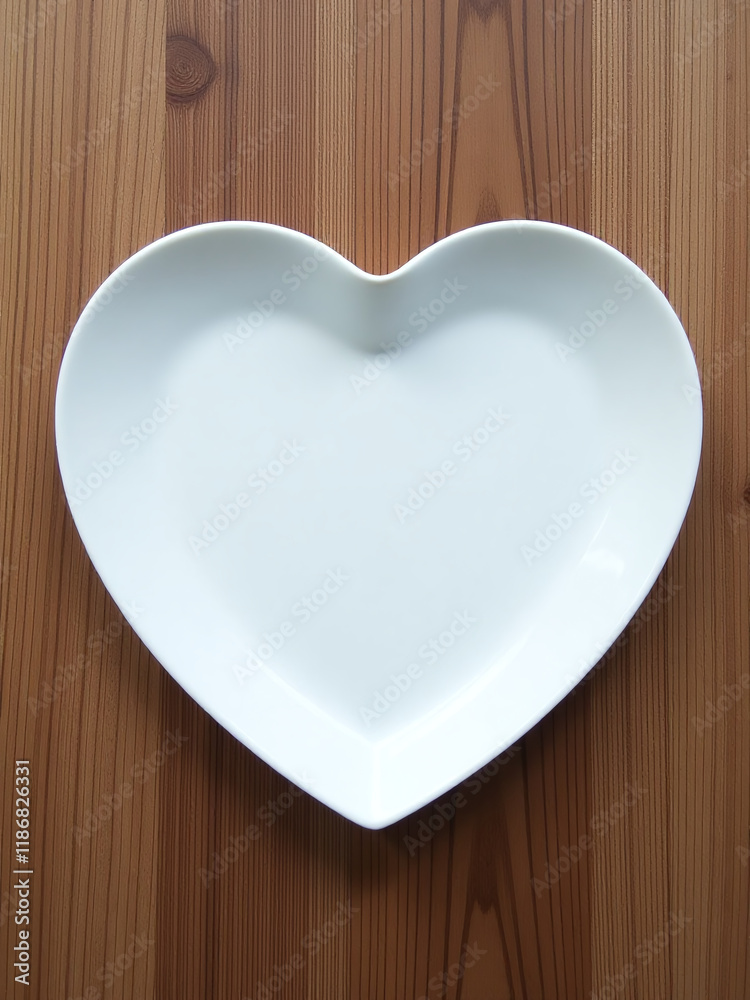 Poster A White Plate Shaped Like A Heart Is Placed On A Wooden Background Creating A Unique Table Setting. 00001