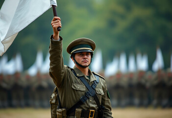 Soldier in military attire stands with a white flag, indicating surrender in a historical battlefield setting.
