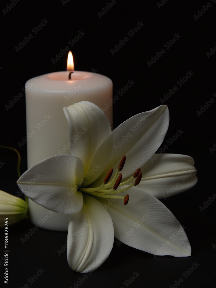 Poster a white lily is placed next to a candle on a black background with ample copy space available. 00003