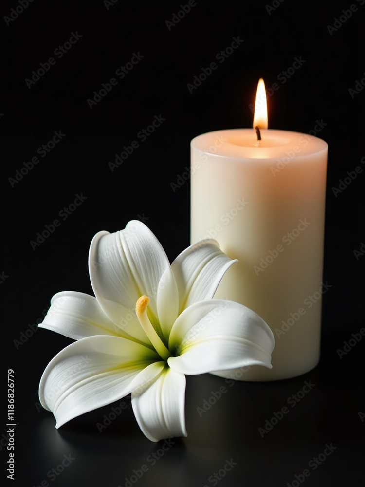 Poster a white lily is placed next to a candle on a black background with ample copy space available. 00001