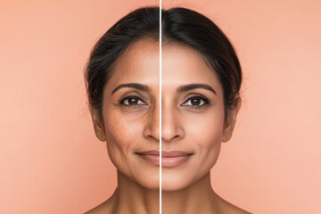 of two faces of the same indian woman, side by side. The left face shows her at an older age with gentle wrinkles