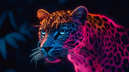 Colorful neon lights illuminate a leopard in a jungle creating a vibrant and surreal atmosphere