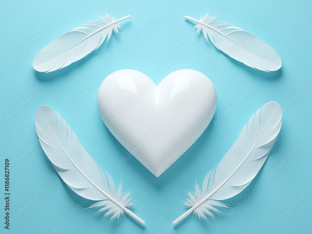 Poster a white heart icon sits on a blue background surrounded by fluffy feathers and generous copy space t