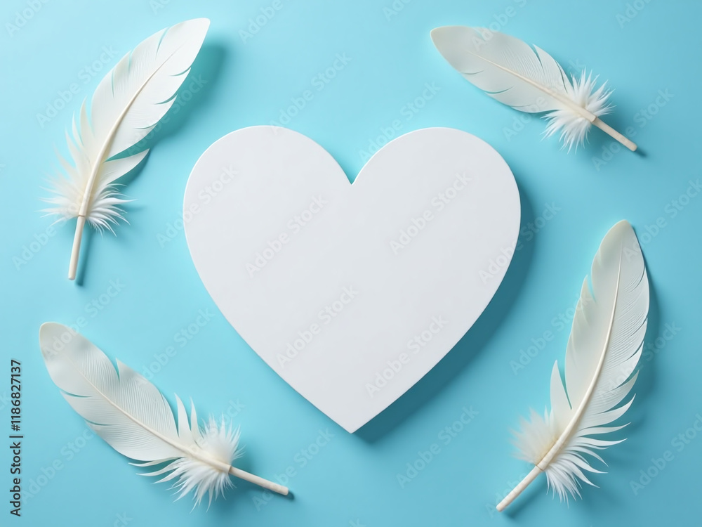 Poster a white heart icon sits on a blue background surrounded by fluffy feathers and generous copy space t