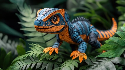 Fototapeta premium Colorful Paper Model Dinosaur in a Lush Greenery Setting with Detailed Textures and Vivid Colors, Perfect for Nature and Art Enthusiasts