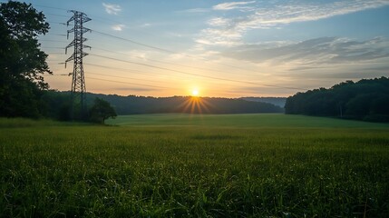 Picturesque Sunrise over Green Field with Electricity Tower for Scenic Nature and Energy Concepts : Generative AI