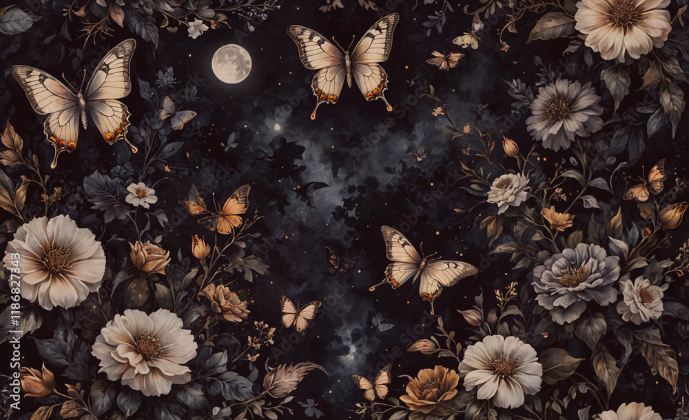 Aufkleber painting of a field of flowers with a large moon in the background. there are several butterflies in