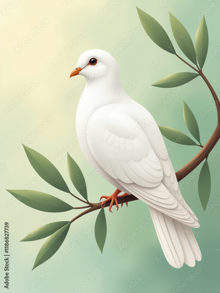 Poster a white dove perches calmly on a green olive branch amidst a soft pastel background with ample copy 