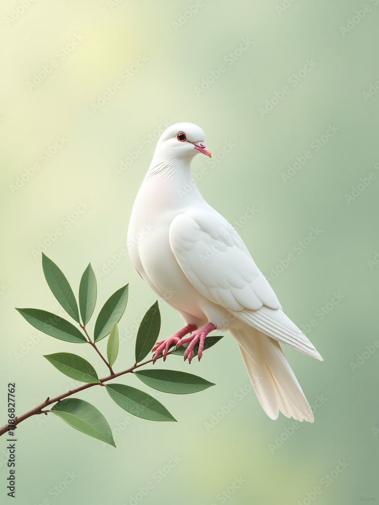 Poster a white dove perches calmly on a green olive branch amidst a soft pastel background with ample copy 