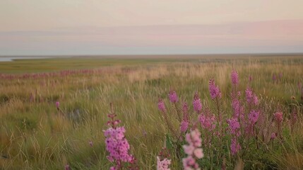 Obraz premium Pink wildflowers bloom in a vast, grassy field at sunset, overlooking a calm body of water.
