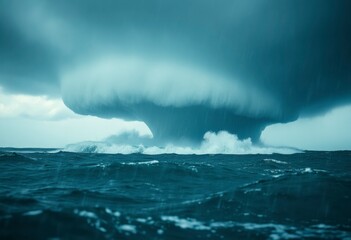 Obraz premium A powerful tornado is seen spiraling down from dark storm clouds above the ocean, unleashing heavy rain and churning the waves.