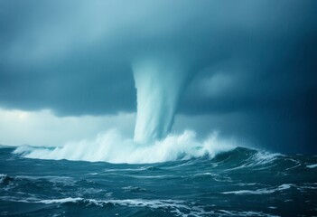 Naklejka premium A powerful tornado is seen spiraling down from dark storm clouds above the ocean, unleashing heavy rain and churning the waves.