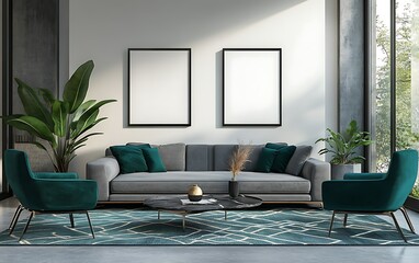 Modern living room interior design; sofa, armchairs, rug, plants; sunlit windows;  home decor