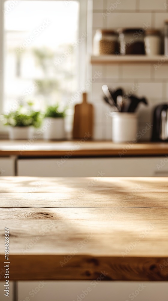 Aufkleber Sunlight illuminates an empty wooden table in a modern kitchen, creating a warm and inviting atmosphere perfect for showcasing products or culinary creations