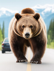 Obraz premium A massive brown bear stands majestically in a scenic outdoor setting with mountains and clear skies, emphasizing strength, nature, and wilderness.
