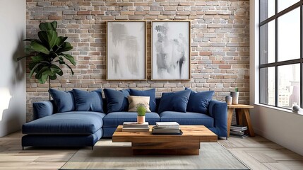 Rustic Coffee Table and Blue Sofa in Modern Farmhouse Living Room with Brick Wall