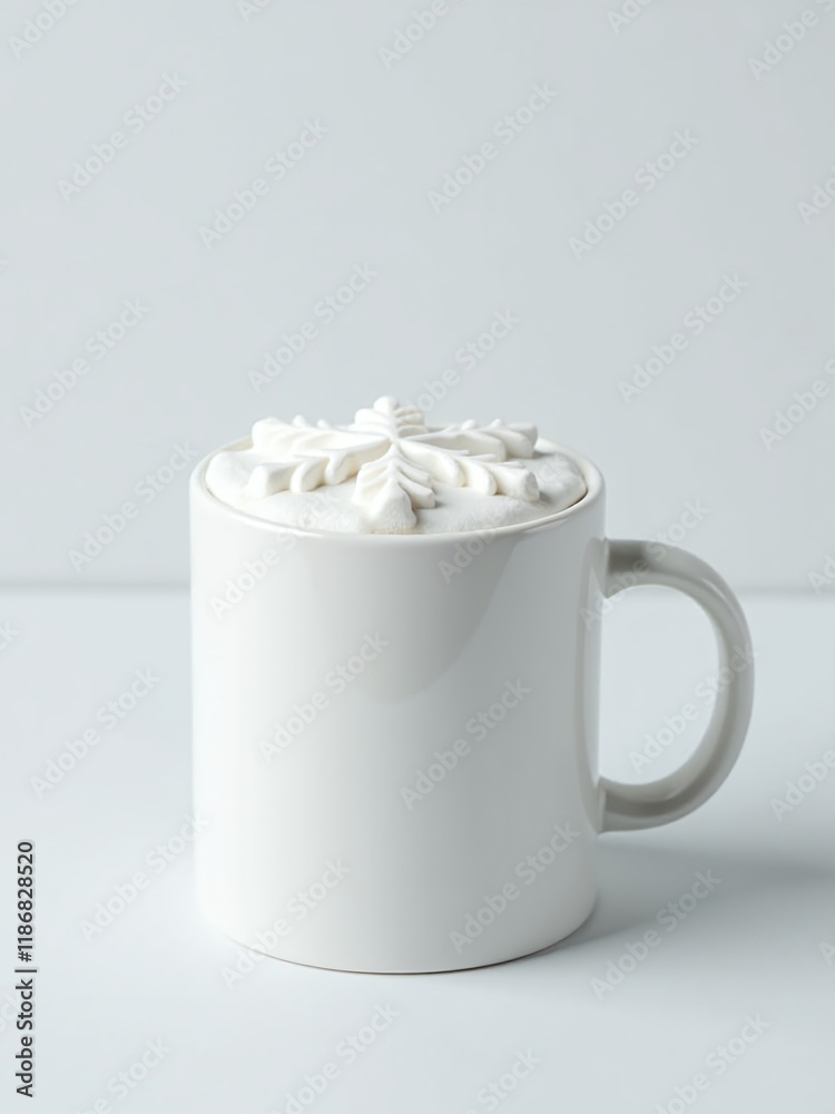 Aufkleber a white coffee mug features a foam snowflake design on its top view, set against a plain background 