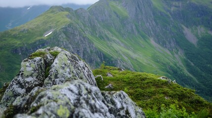 Fototapeta premium Majestic Mountain Landscape with Lush Green Vines and Rugged Terrain for Adventurous Hiking and Exploration : Generative AI