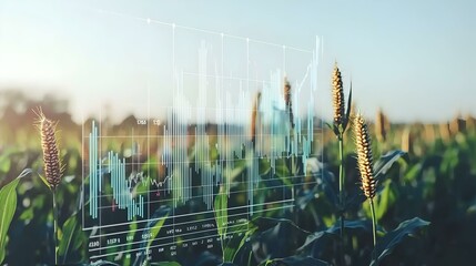 Stock market graph overlayed on a field of corn, representing agricultural commodities trading.
