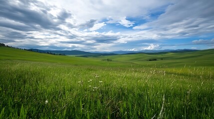 Naklejka premium A vast expanse of lush green fields rolling under a dramatic cloudy sky in an idyllic countryside landscape : Generative AI