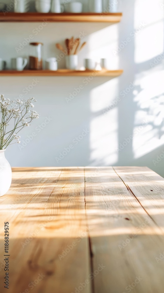Aufkleber Sunlight streaming through a window, illuminating an empty wooden table adorned with white flowers in a vase, set against a backdrop of modern kitchen shelves and kitchenware