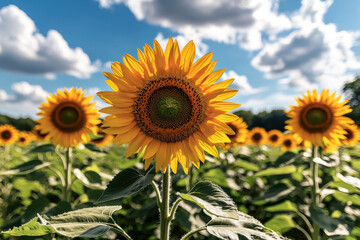 Obraz premium Blooming Sunflower Field Under Bright Blue Sky