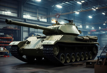 A war tank is being repaired inside a large hangar, with technicians actively working on its maintenance and restoration tasks.