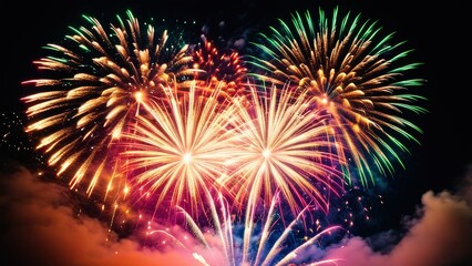Obraz premium Vibrant fireworks display exploding in the night sky. Colorful bursts of light and smoke create a stunning spectacle. Perfect for celebrating holidays, special events, or adding a festive touch to you