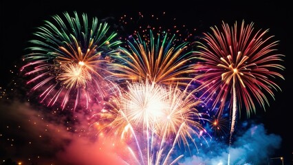 Naklejka premium Vibrant fireworks display exploding in the night sky. Colorful bursts of light and smoke create a stunning spectacle. Perfect for celebrating holidays, special events, or adding a festive touch to you