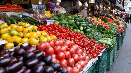 Colorful Assortment of Fresh Vegetables at a Bustling Outdoor Market : Generative AI