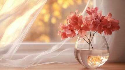 Sunlit Hydrangeas: Delicate pink hydrangeas in a clear glass vase, bathed in the warm glow of sunlight streaming through a sheer curtain near a window.