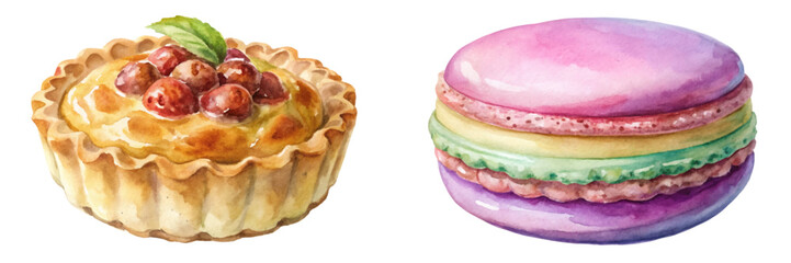 Colorful macarons, delicious pastry tart, watercolor illustration, sweet desserts, gourmet treats, vibrant food art.