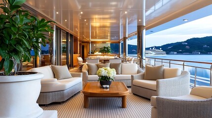 Fototapeta premium Luxurious Outdoor Lounge on Yacht with Rich Wooden Deck and Scenic Ocean Views : Generative AI