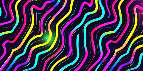 A vibrant abstract design featuring colorful wavy lines on a dark background.