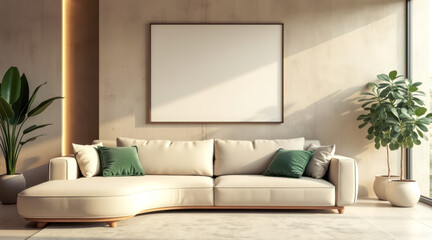 Fototapeta premium sunlit minimalist living room with sectional sofa blank canvas