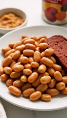 Close-up image of boiled beans in a nutritious tasty and traditionally prepared vegan lunch featuring cooked vegetables