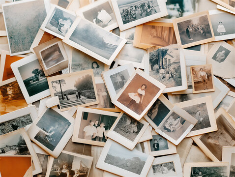 A nostalgic pile of vintage polaroid photographs spread across a wooden surface, evoking memories and timeless moments from the past.