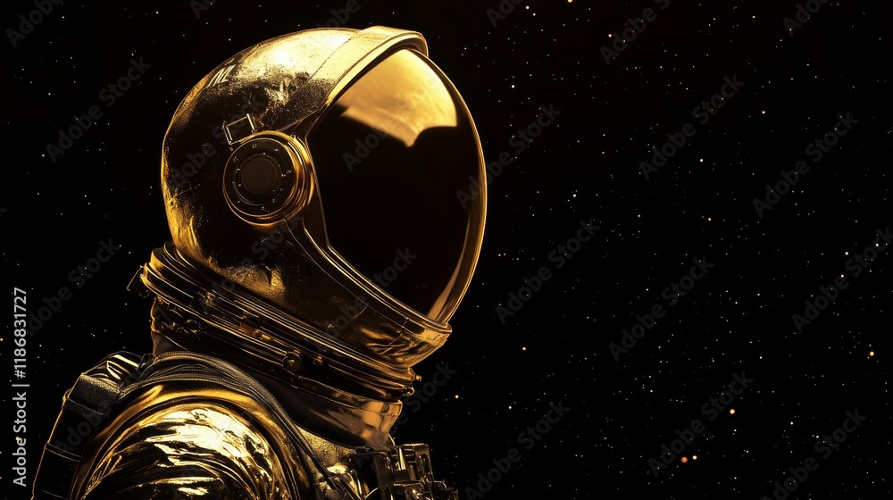 Poster golden-suited astronaut floating through starry cosmos, representing interstellar exploration and fu