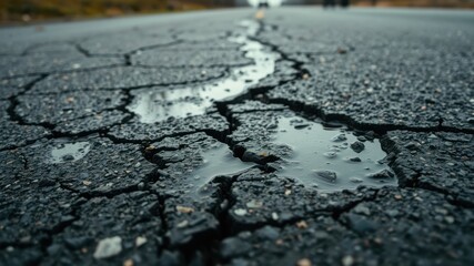 Obraz premium A closeup of a crack in asphalt filled with rainwater, revealing the rough texture of the road surface.