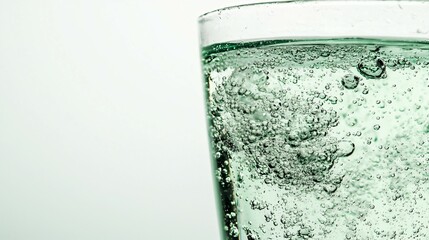 Close-up of a glass of water with a faint greenish tint, symbolizing arsenic contamination, on a plain white background with copy space. Environmental pollution and toxic substance danger concept.