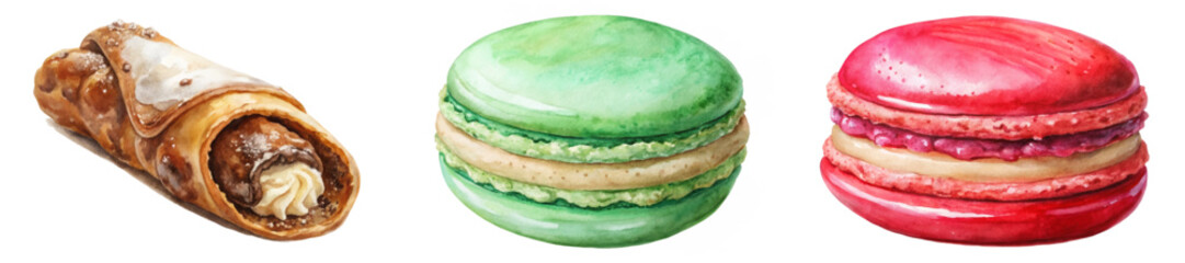 Colorful macarons, delicious pastries, watercolor illustration, dessert art, sweet treats, gourmet food, vibrant colors.
