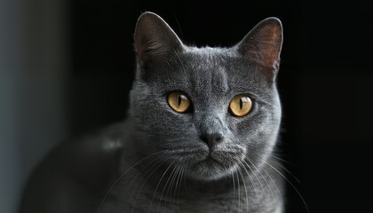 Obraz premium A close-up photograph of a gray cat with yellow eyes.