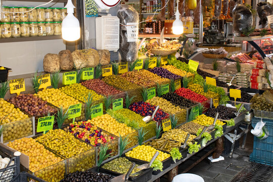 variety of different Olives in the market in Kadikoy, Istanbul Turkey