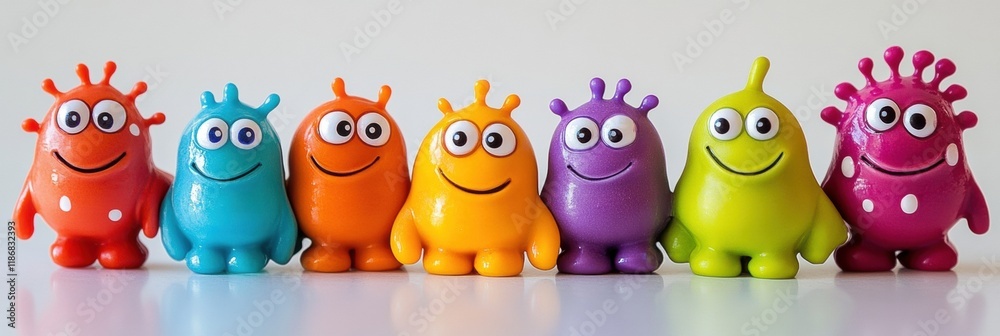 Poster Bright and cheerful friendly microbes with eyes and smiles lined up in vibrant colors on a plain background. Generative AI