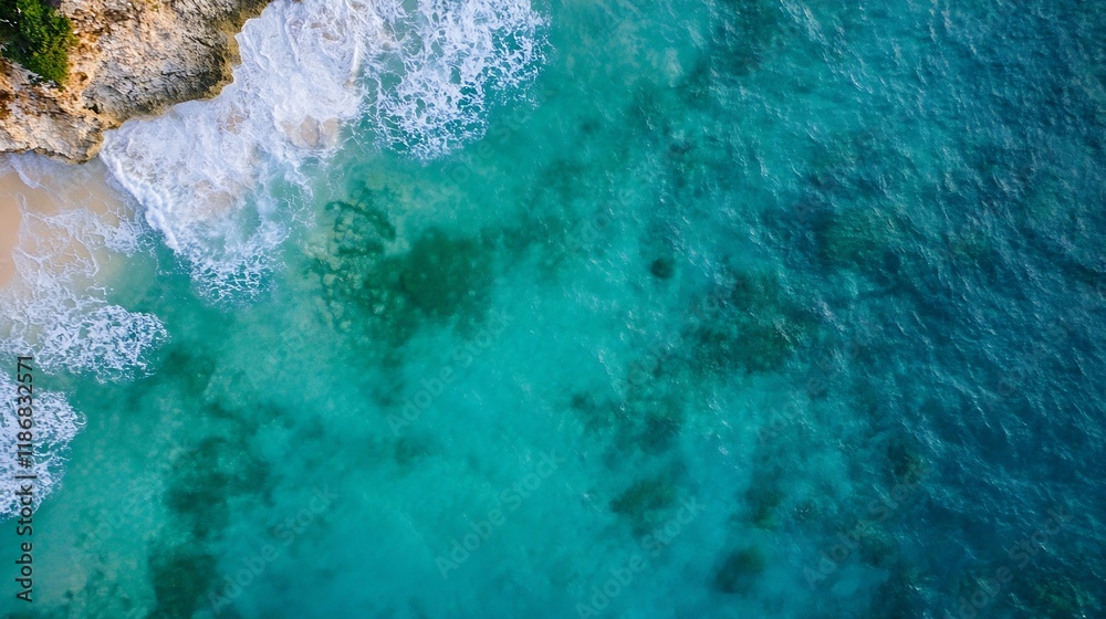 Poster aerial view of pristine turquoise waves and rugged rocky shoreline : generative ai