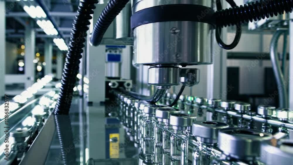 Poster automation in a modern manufacturing facility focusing on precision assembly processes and glass bot