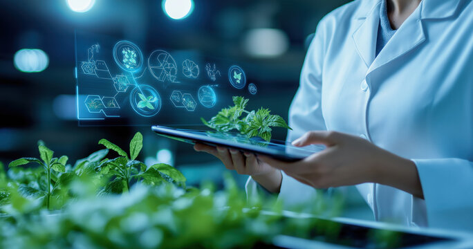 A scientist in a lab examines plants while using a tablet, showcasing modern agricultural technology and data analysis.
