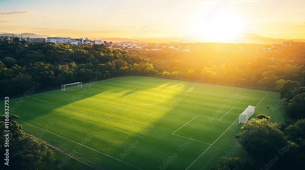 Poster sunset over serene soccer field surrounded by lush greenery and nature : generative ai